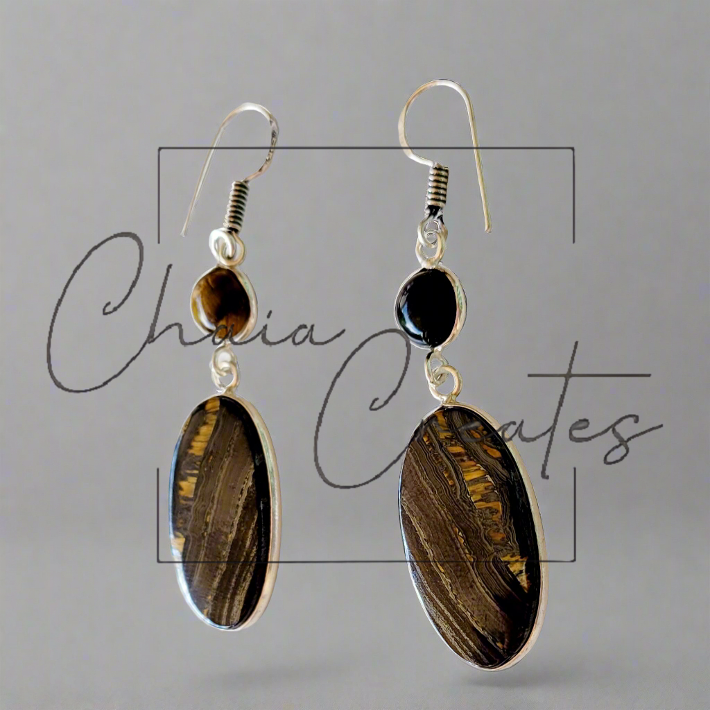 Tiger's Eye Oval and Round Stones Set in .925 Sterling Silver Earrings