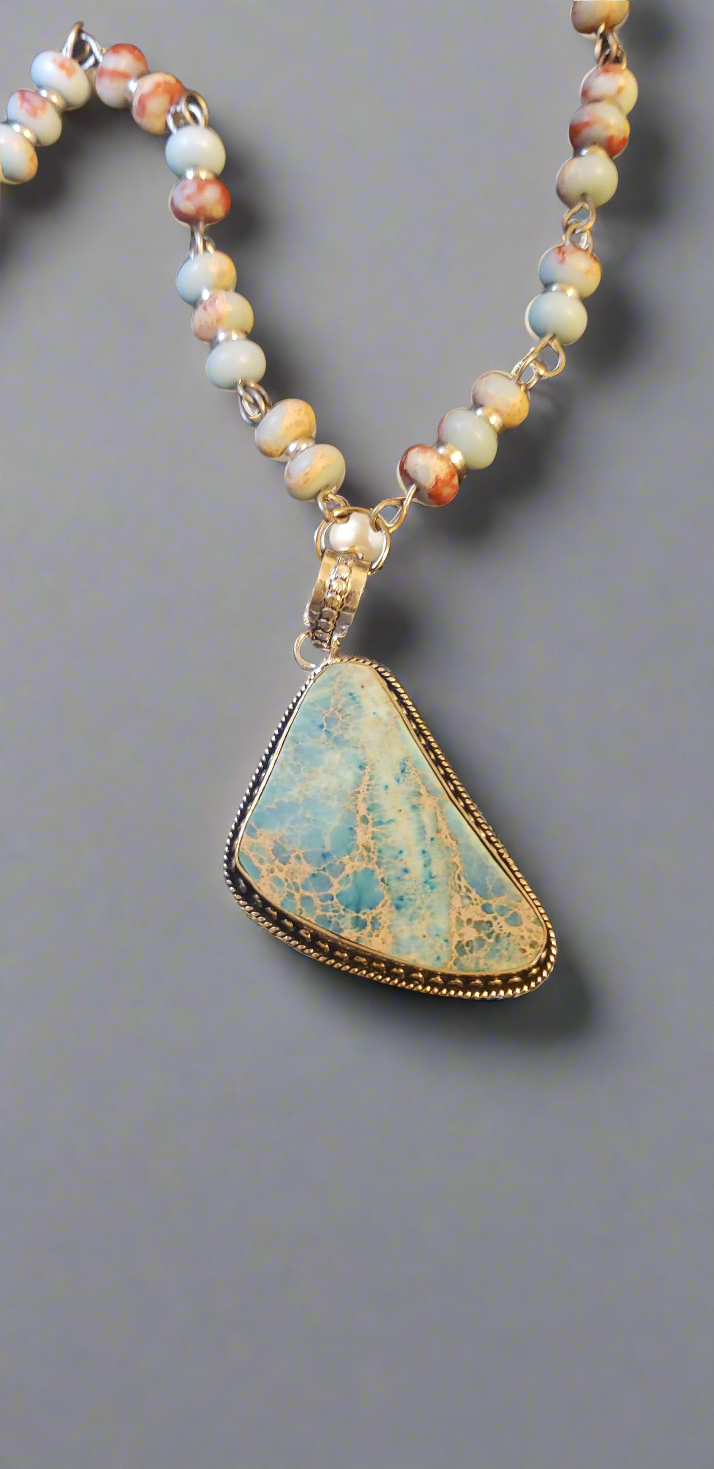 Aqua Blue Sea Sediment Jasper Necklace and Bracelet Set