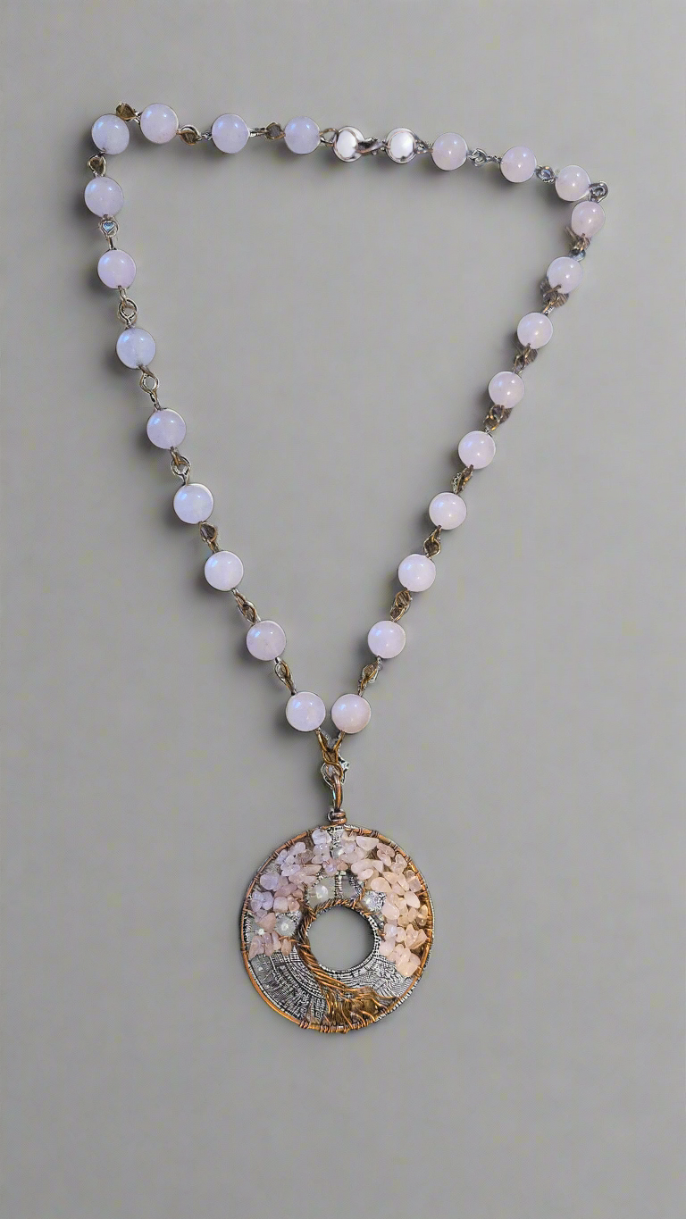 Rose Quartz & Copper Wire Tree of Life Medallion Necklace