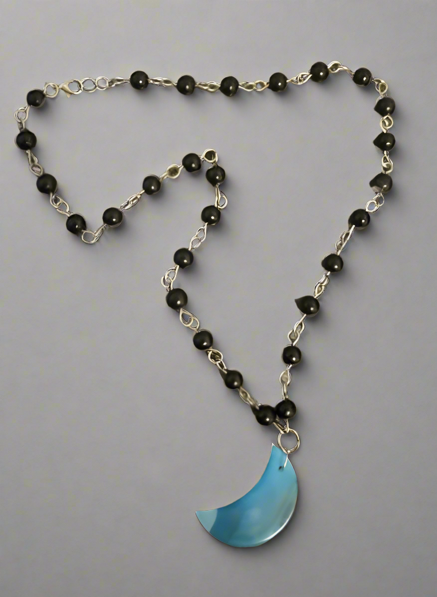 Kano's Moon -- Blue Agate Moon Pendant on Black Onyx Bead Necklace