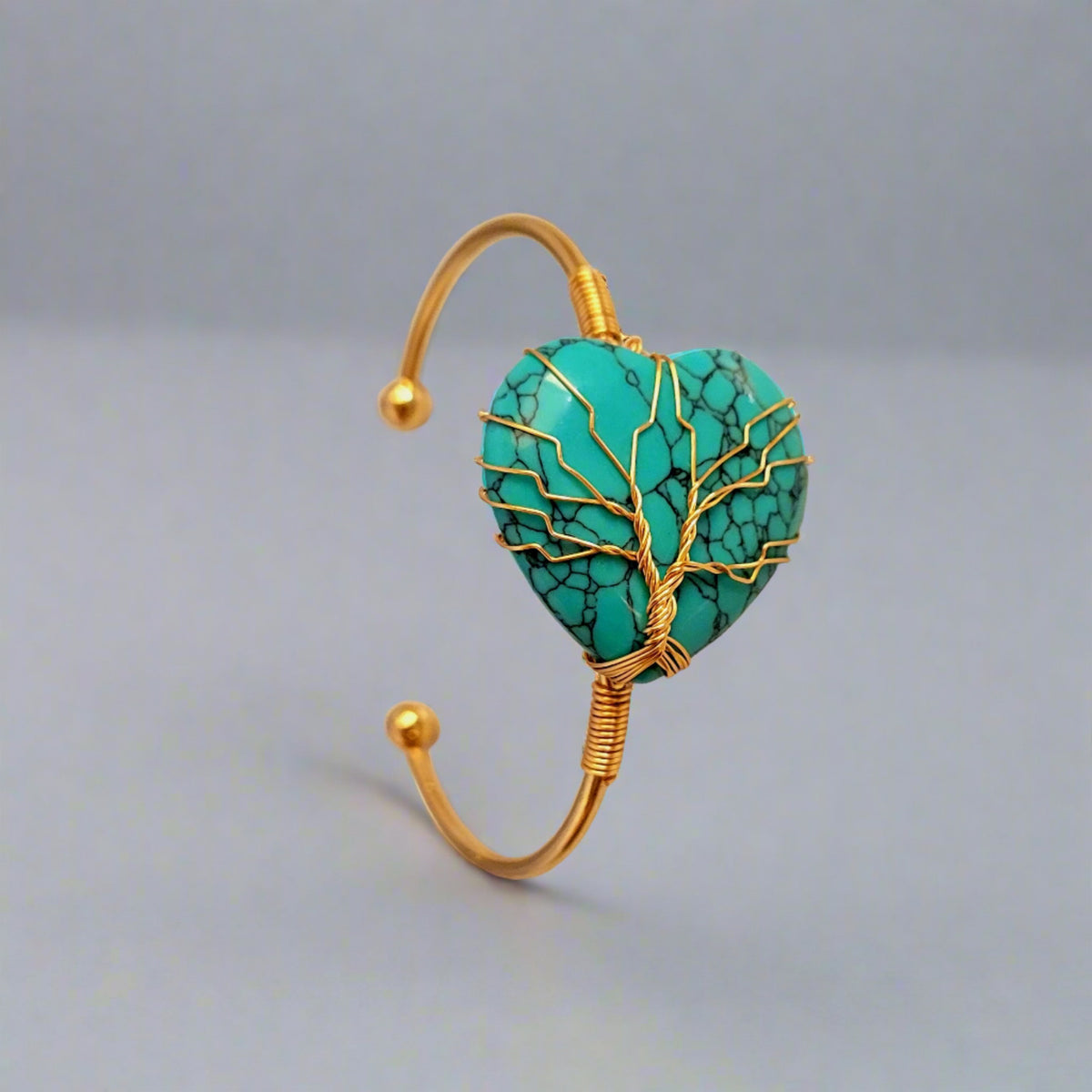 Blue Turquoise Heart Tree of Life Golden Wire Wrapped Metal Bangle Bracelet