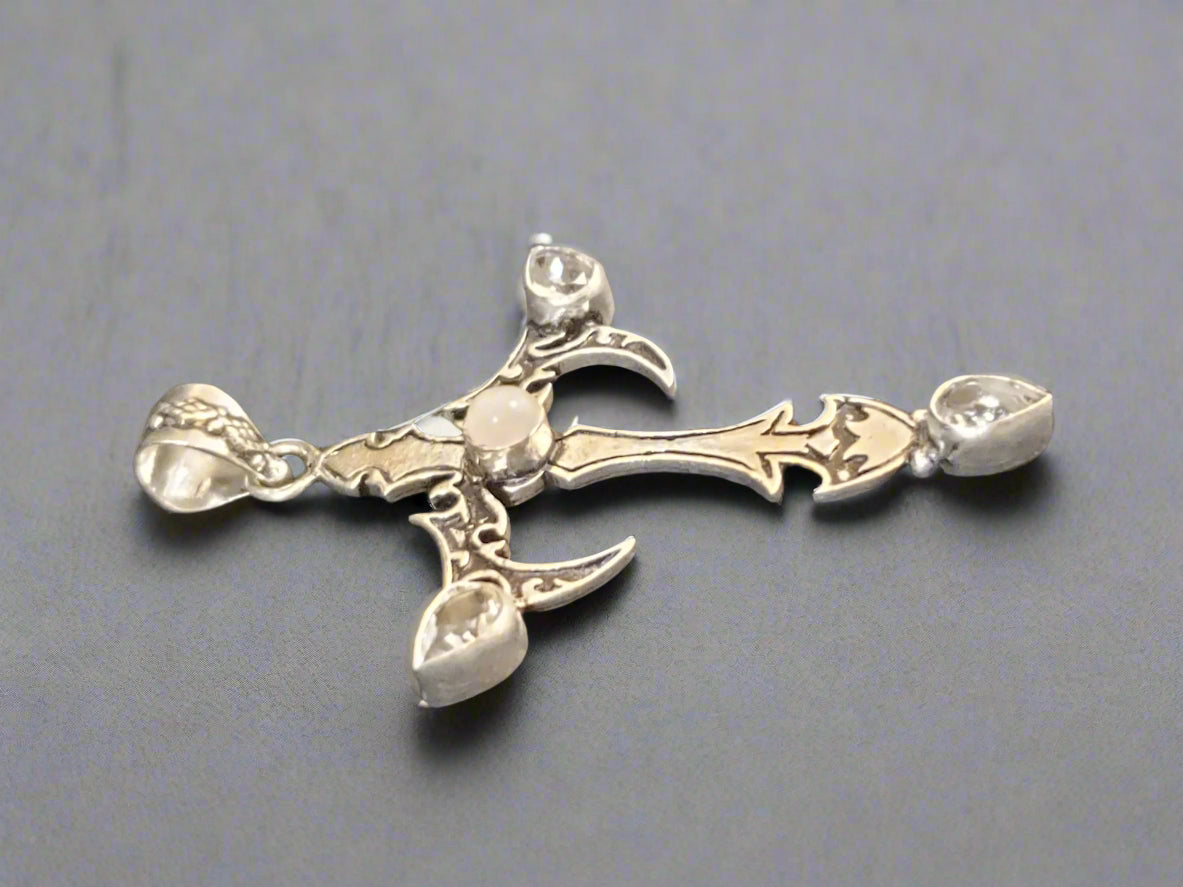 Moonstone and White Topaz in Sterling Silver Cross Pendant