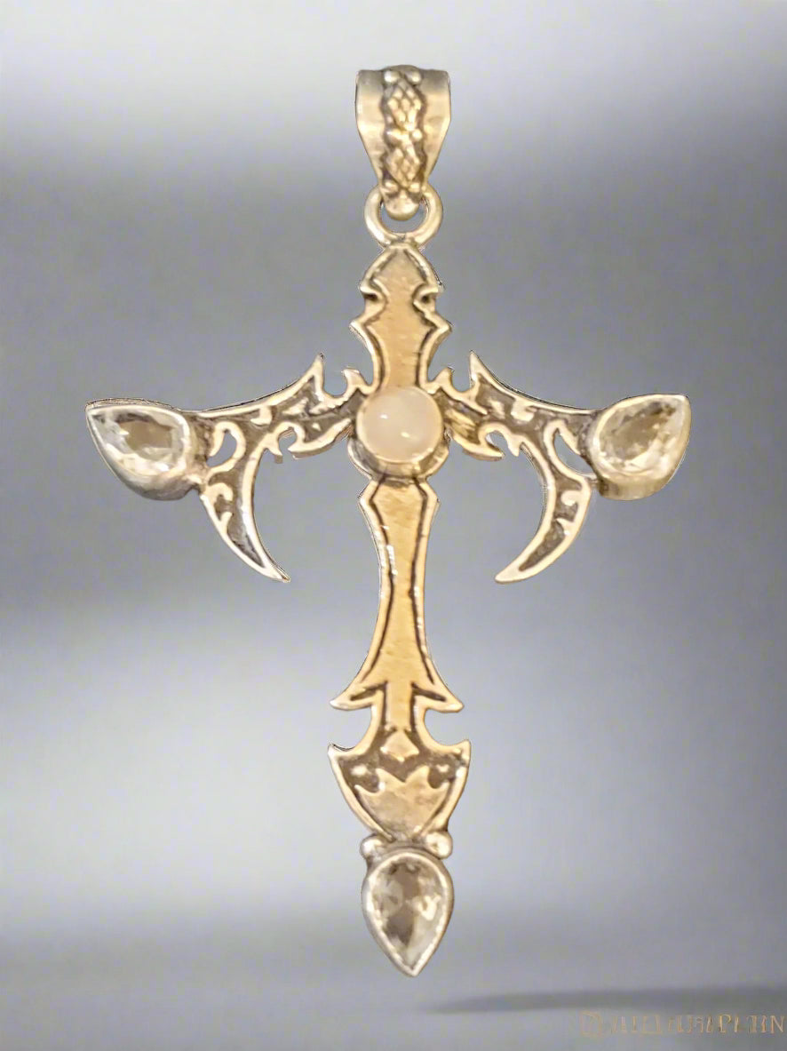 Moonstone and White Topaz in Sterling Silver Cross Pendant