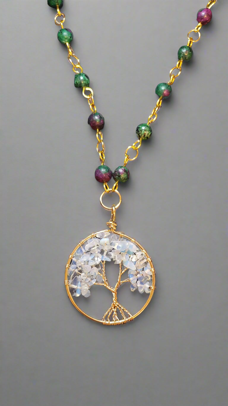 Quartz Tree of Life Amulet on Anyolite Beaded Pendant