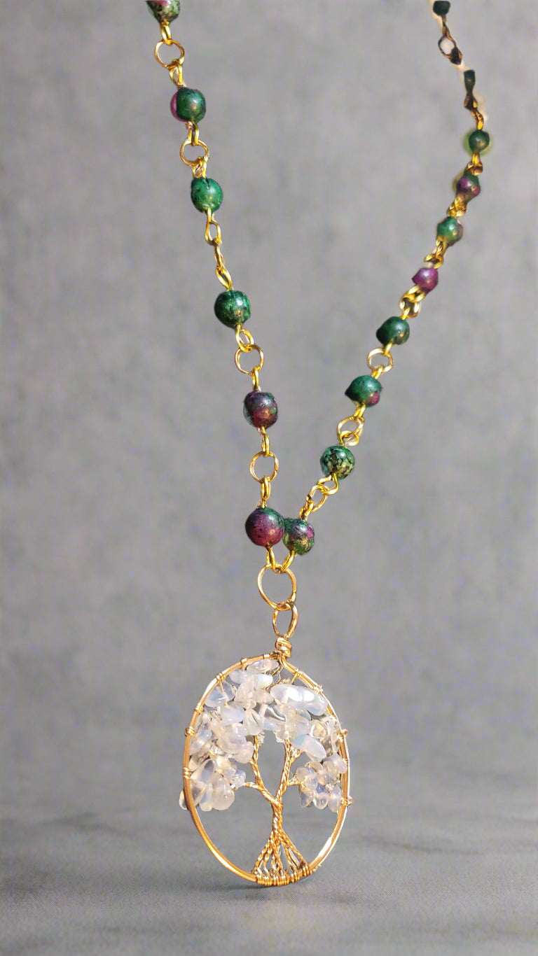 Quartz Tree of Life Amulet on Anyolite Beaded Pendant