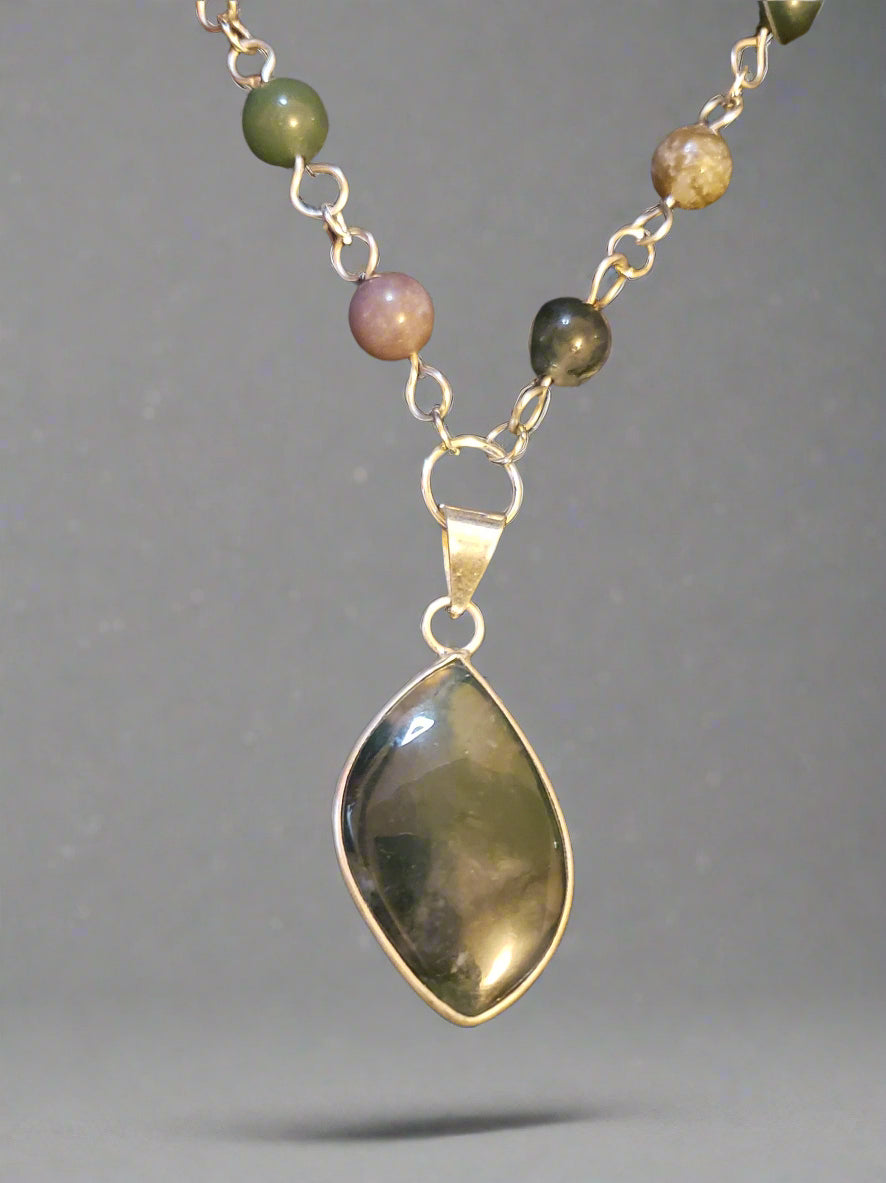 Moss Agate in Sterling Silver Pendant with Moss Agate Link Chain