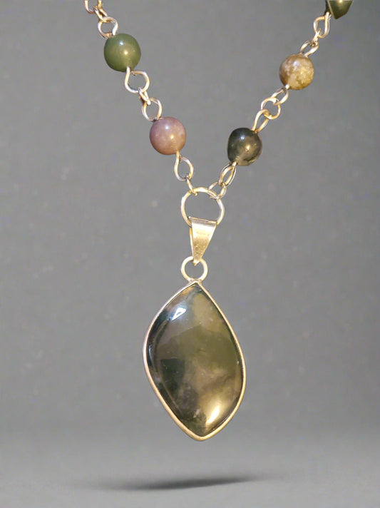 Moss Agate in Sterling Silver Pendant with Moss Agate Link Chain