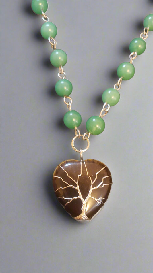 Tree of Life Wire Wrapped Tiger's Eye Heart on Aventurine Link Necklace