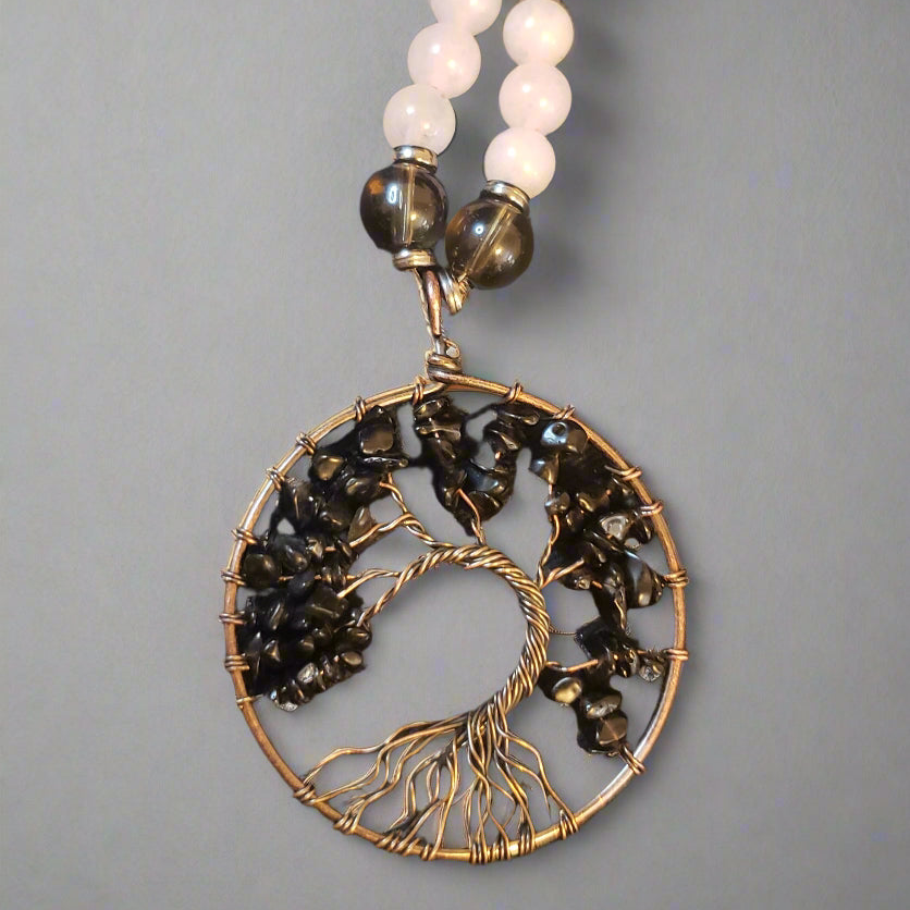 Obsidian Large Tree of Life Amulet on Rose Quartz and Smokey Quartz Necklace