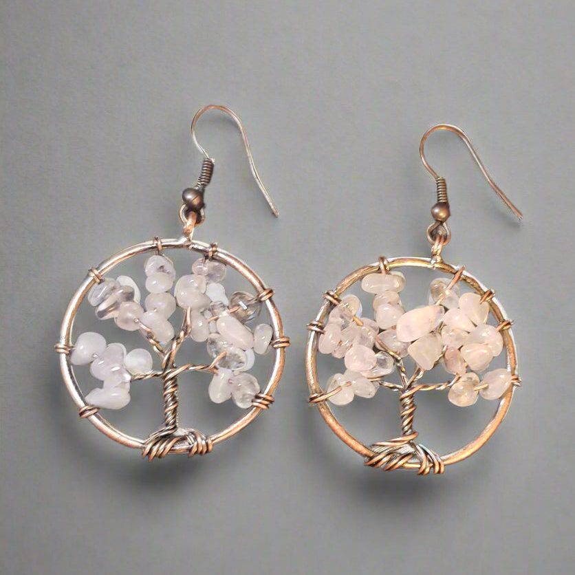 Rock Quartz Chip Copper Wire Wrap Amulet Earrings
