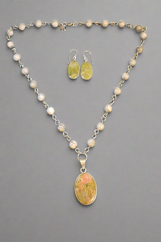 Unakite in Sterling Silver Pendant and Earrings Jewelry Set