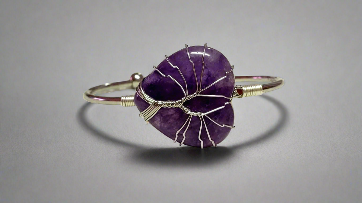 Silver Tree of Life Wire Wrapped Amethyst Heart Bangle Bracelet