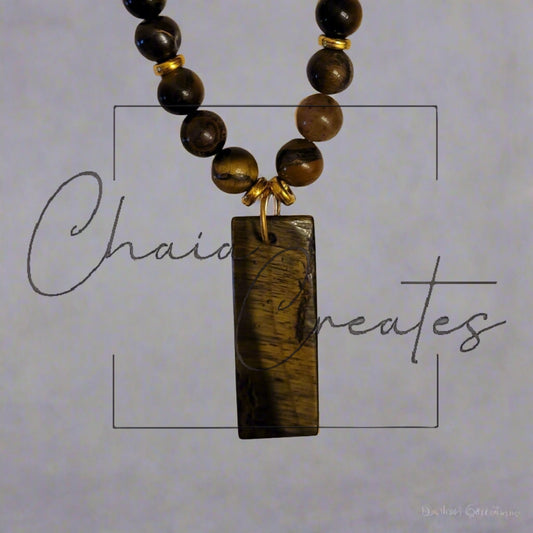 Oblong Tiger's Eye Amulet Pendant Beaded Necklace