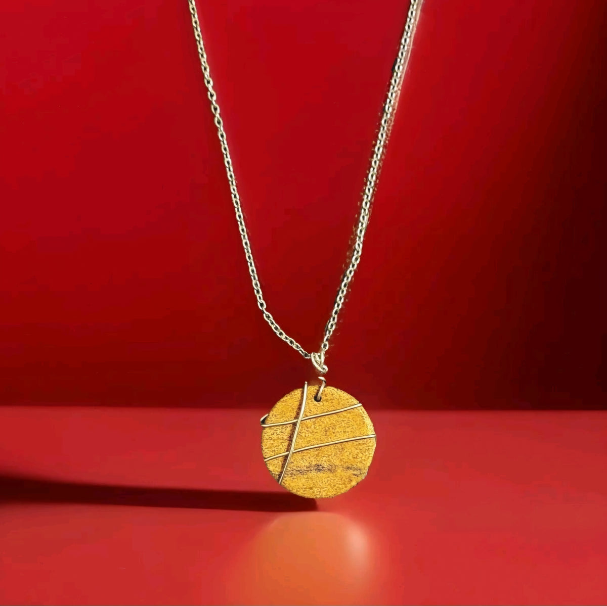 Picture Jasper Round Disc Pendant Perpendicular Lines Wire Wrapped Stone Silver Necklace