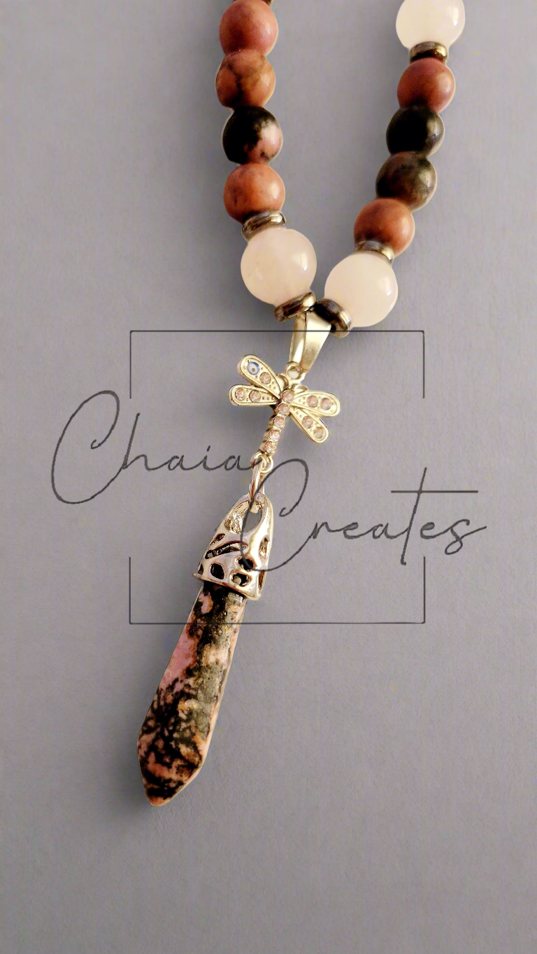 Dragonfly Protection Amulet Rhodonite & Rose Quartz Beaded Necklace