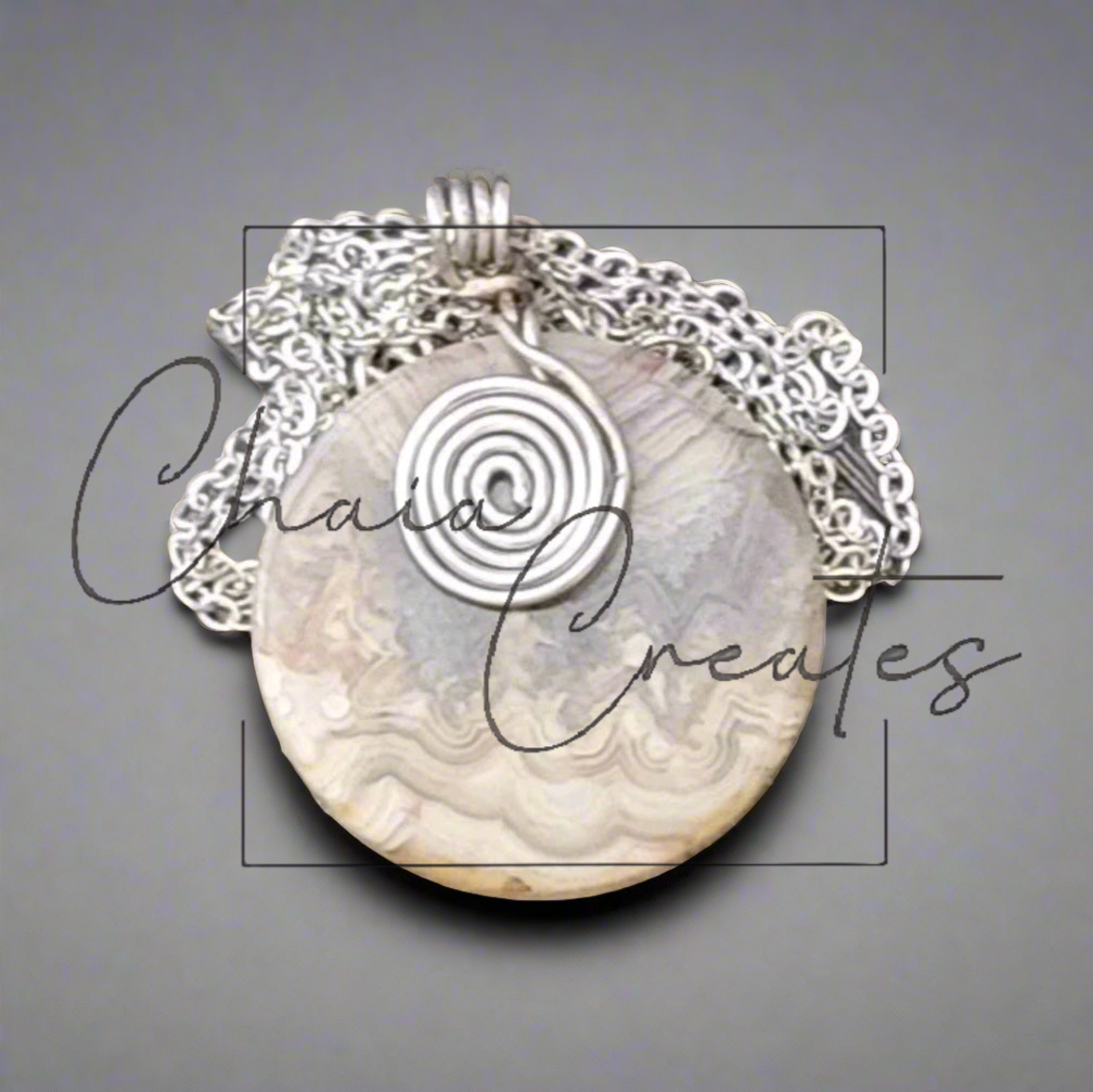 Mexico Crazy Lace Agate Round Disc Pendant Swirls Wire Wrapped Stone Silver Link Necklace Handmade