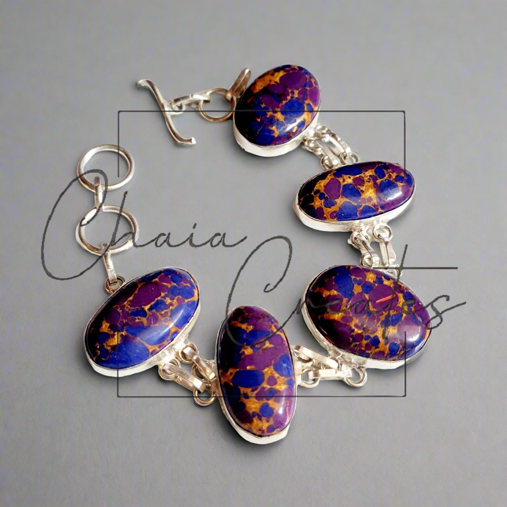 Rainbow Calsilica Purple Link Bracelet in .925 Sterling Silver