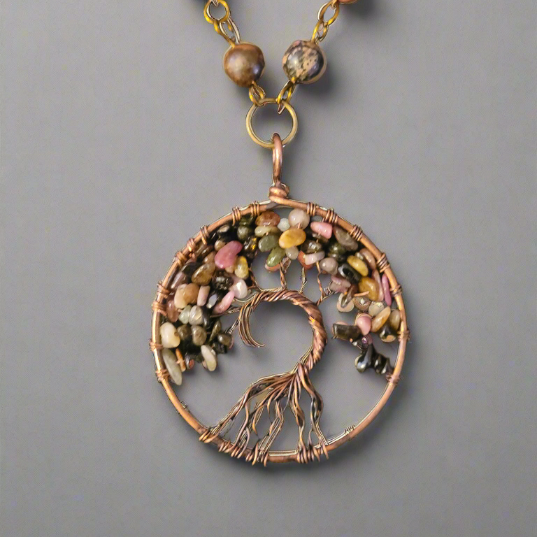 Pink Rhodonite Copper Wire Tree of Life Amulet Necklace