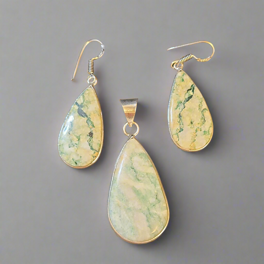 Tree Agate in Sterling Silver Pendant and Earrings Set