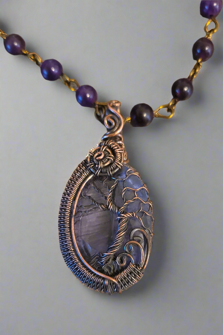 Amethyst & Copper Wire Tree of Life on Amethyst Beaded Necklace