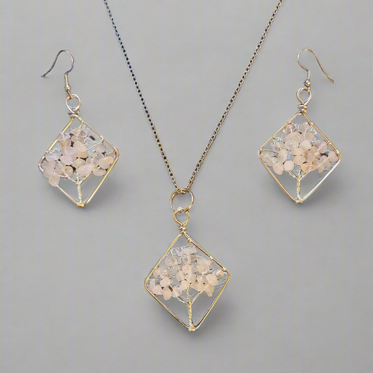 Rock Quartz Wire Wrapped Tree of Life Diamond Shape Necklace and Earring Set