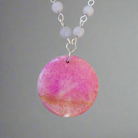 Pink Chrysanthemum Agate on Rose Quartz Link Necklace