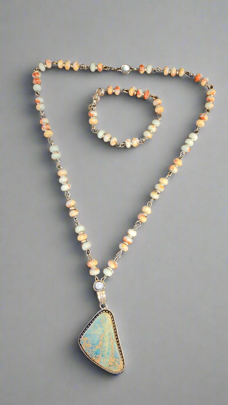 Aqua Blue Sea Sediment Jasper Necklace and Bracelet Set