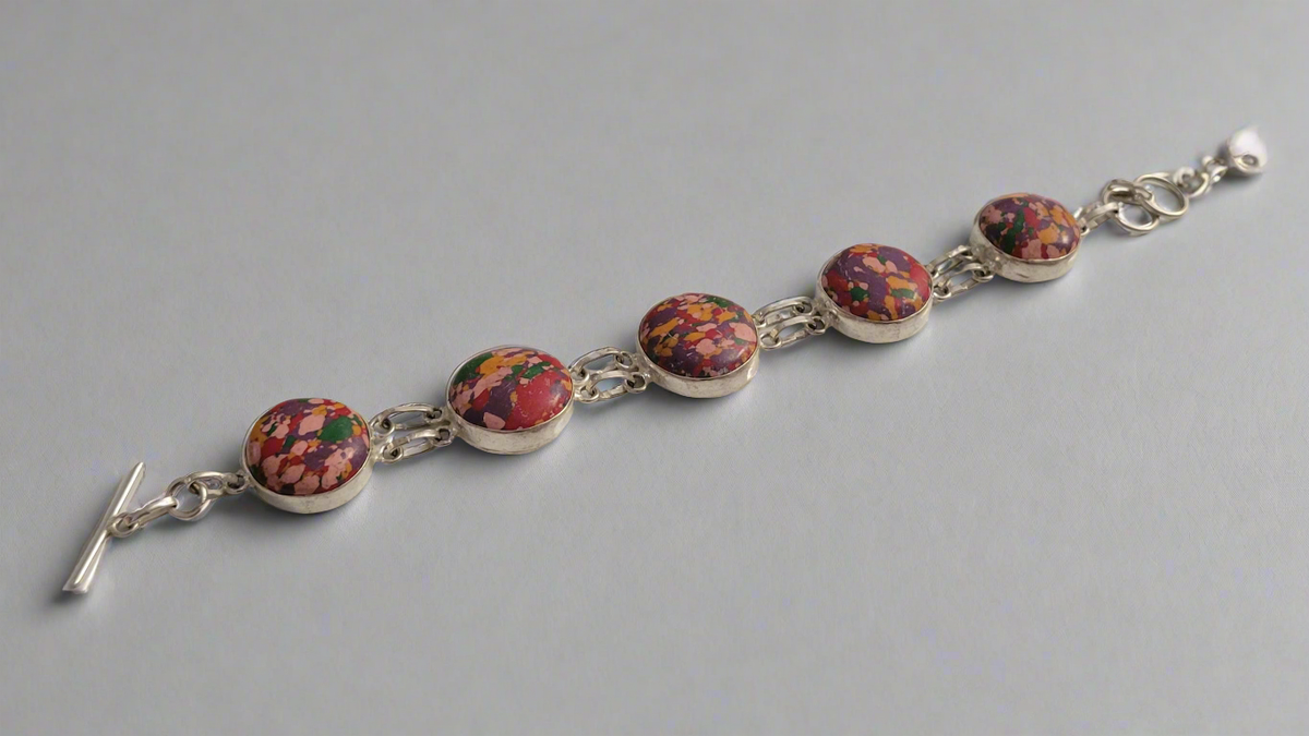 Rainbow Calsilica Round Sterling Silver Double Link Bracelet