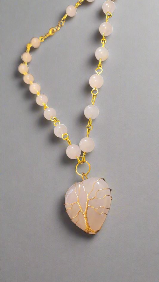 Rose Quartz Tree of Life Heart Beaded Pendant