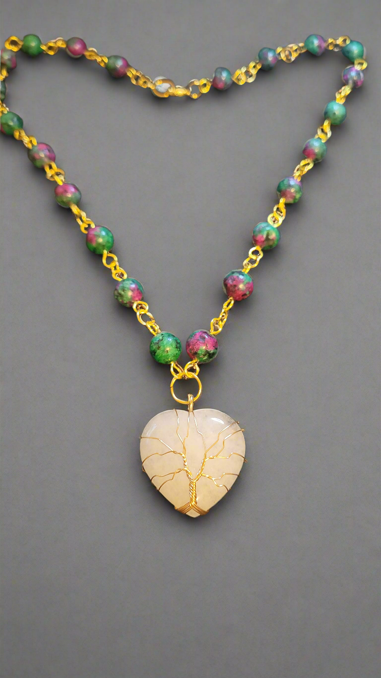 Quartz Tree of Life Heart Anyolite Beaded Pendant