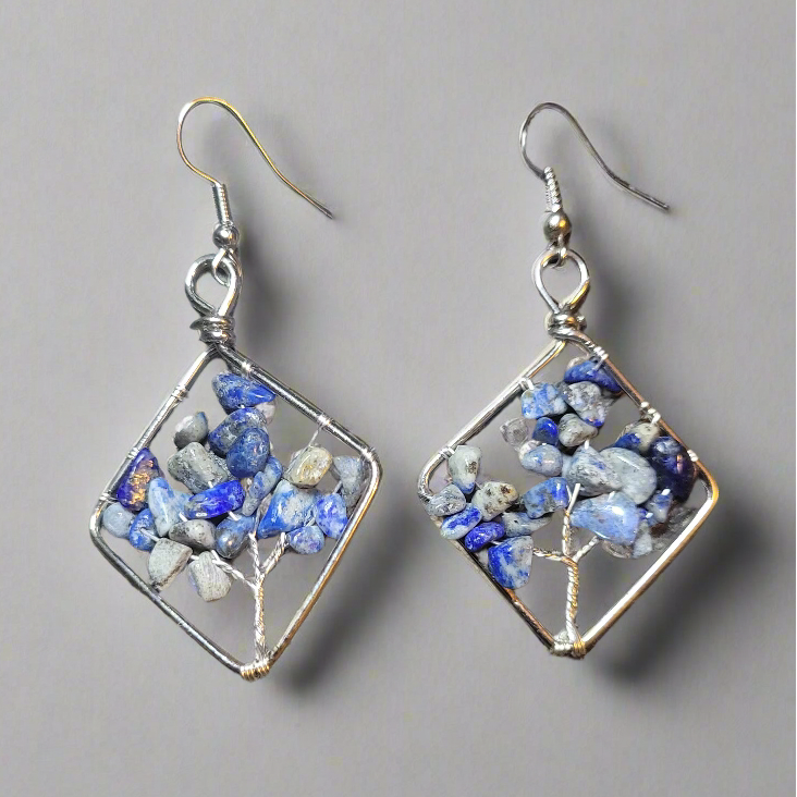 Lapis Lazuli Wire Wrapped Tree of Life Diamond Shape Dangle Earrings