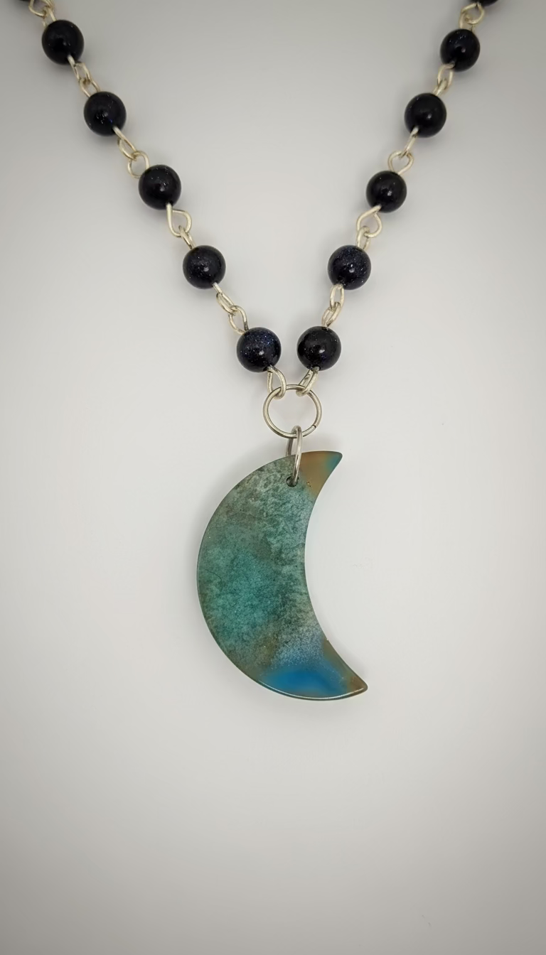 Blue Agate Crescent Moon on Blue Sandstone Link Chain Necklace