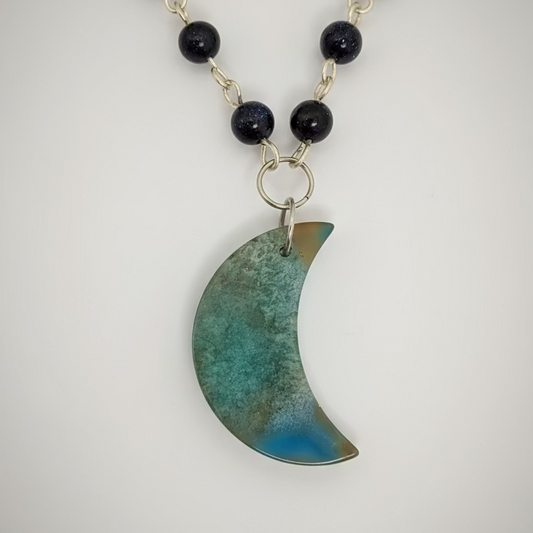 Blue Agate Crescent Moon on Blue Sandstone Link Chain Necklace