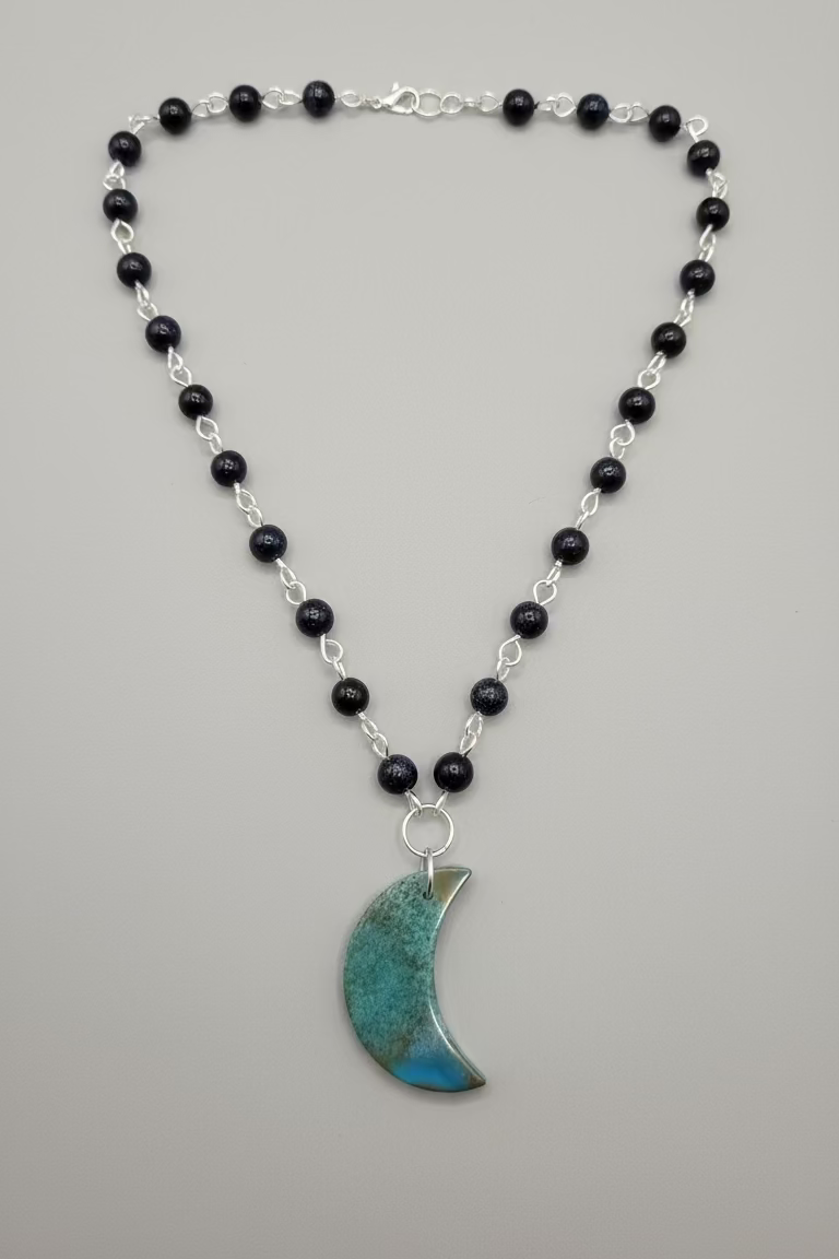 Blue Agate Crescent Moon on Blue Sandstone Link Chain Necklace