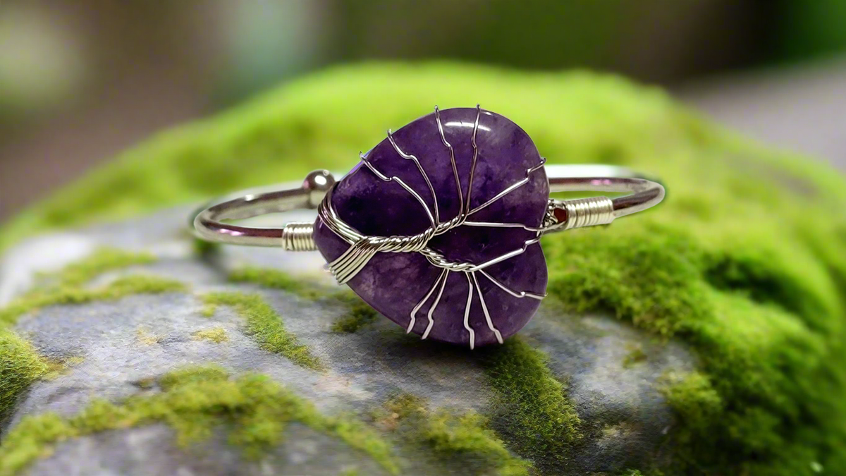 Tree of Life Wire Wrapped Amethyst Heart Bangle Bracelet
