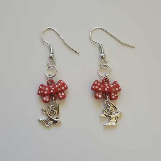 Red Polka Dot Bow & Sparrow Dangle Earrings