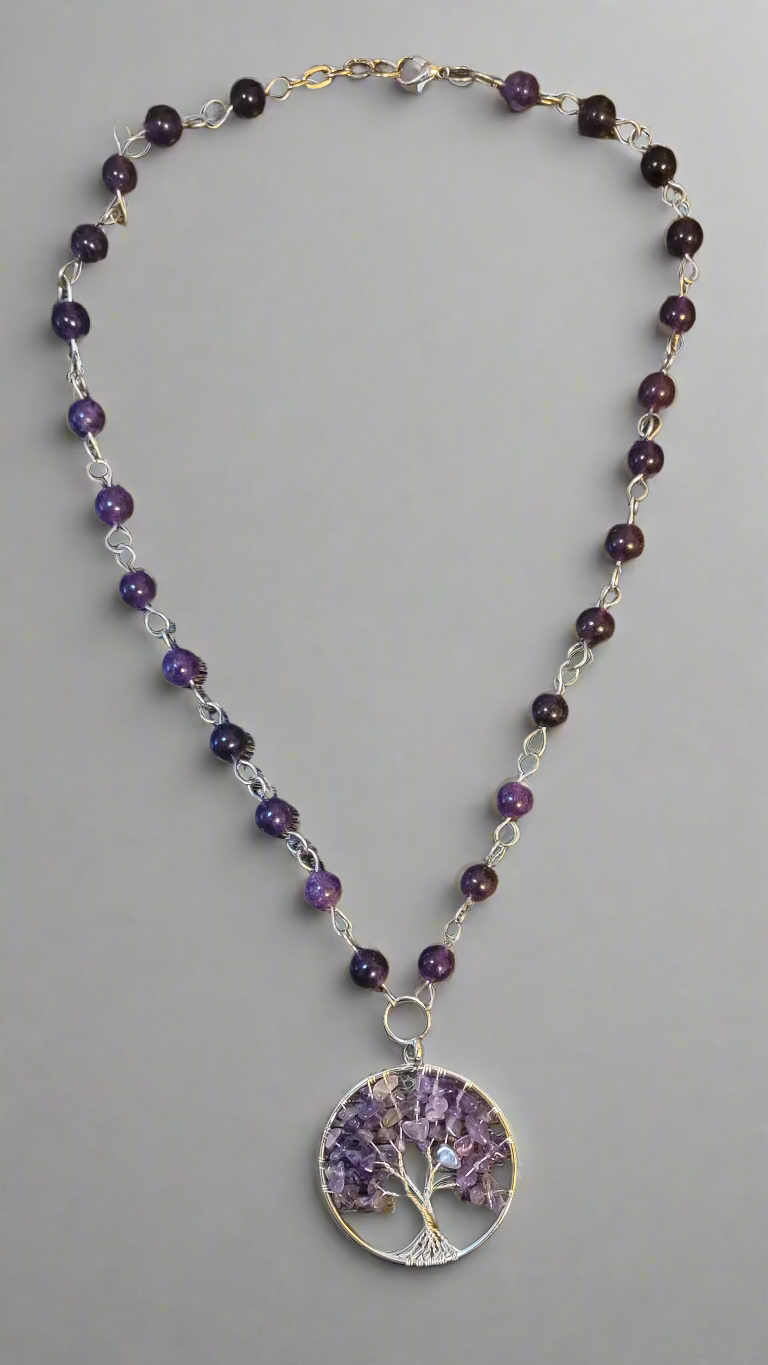 Amethyst Wire Wrap Tree of Life Pendant on Amethyst Link Chain Necklace