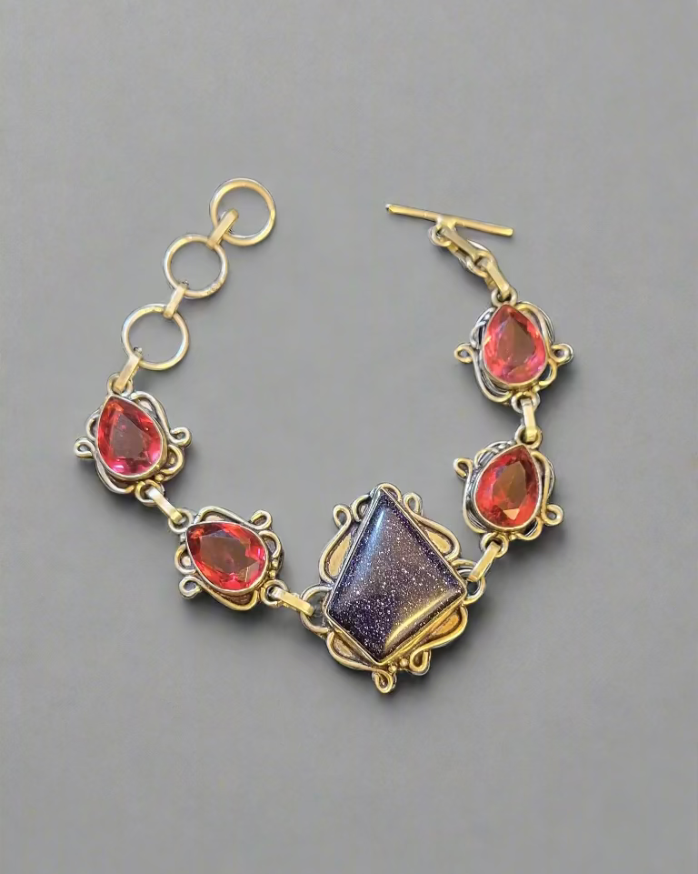 Garnet & Blue Sandstone Sterling Silver Bracelet
